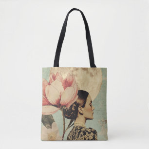 Moonlit Beauty – Woman with Pink Flower and Moon Tote Bag