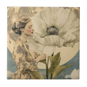 Moonlit Beauty – Woman with White Flower and Moon Ceramic Tile