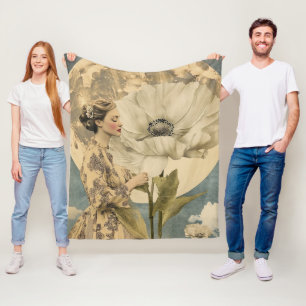 Moonlit Beauty – Woman with White Flower and Moon Fleece Blanket