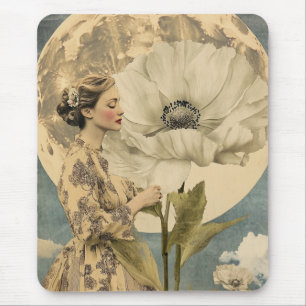 Moonlit Beauty – Woman with White Flower and Moon Mouse Pad