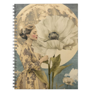 Moonlit Beauty – Woman with White Flower and Moon Notebook