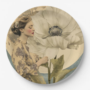 Moonlit Beauty – Woman with White Flower and Moon Paper Plate