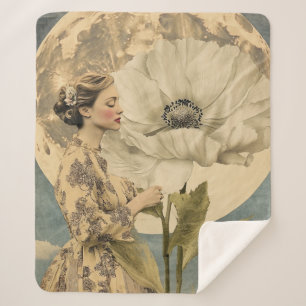 Moonlit Beauty – Woman with White Flower and Moon Sherpa Blanket