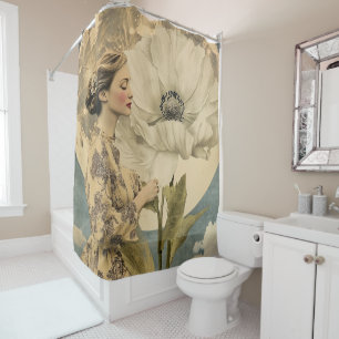 Moonlit Beauty – Woman with White Flower and Moon Shower Curtain