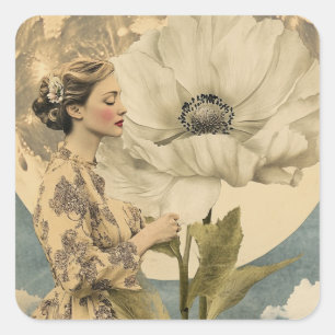 Moonlit Beauty – Woman with White Flower and Moon Square Sticker