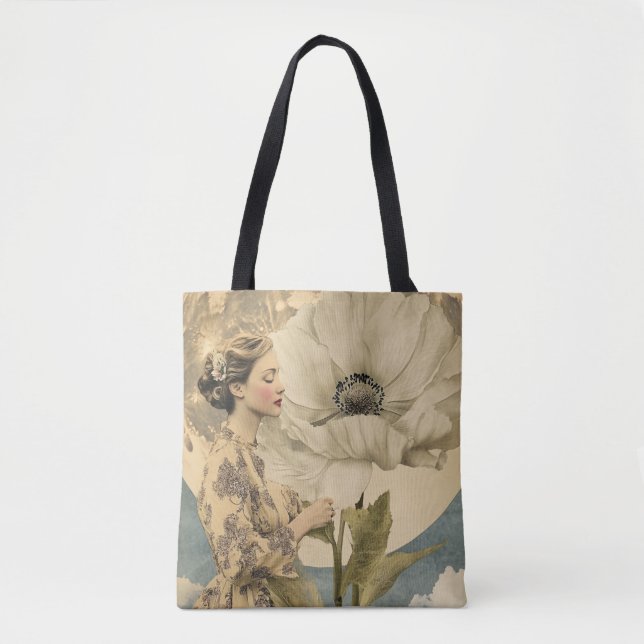 Moonlit Beauty – Woman with White Flower and Moon Tote Bag (Front)