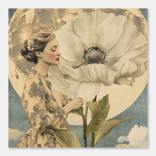 Moonlit Beauty – Woman with White Flower and Moon Wallpaper