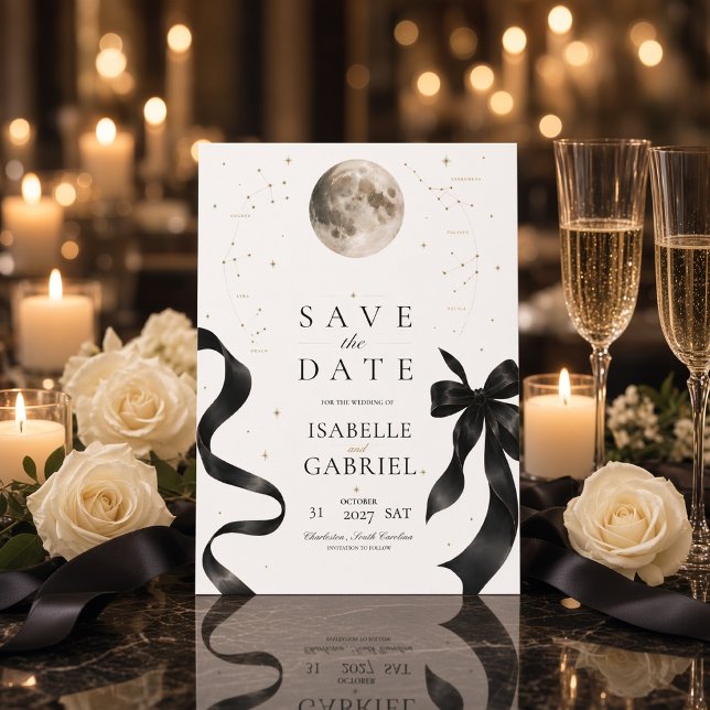 Moonlit Black Bow Celestial Save the Date Card  (Creator Uploaded)