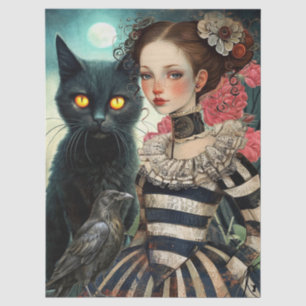 Moonlit Black Cat Goth Girl & Raven Decoupage Tissue Paper