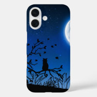 Moonlit Black Cat on Tree Silhouette