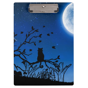 Moonlit Black Cat on Tree Silhouette Clipboard