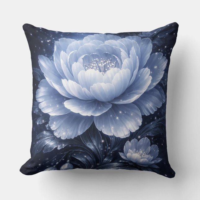 Moonlit Bloom – Luminous Blue Floral Wall Art Cushion (Front)