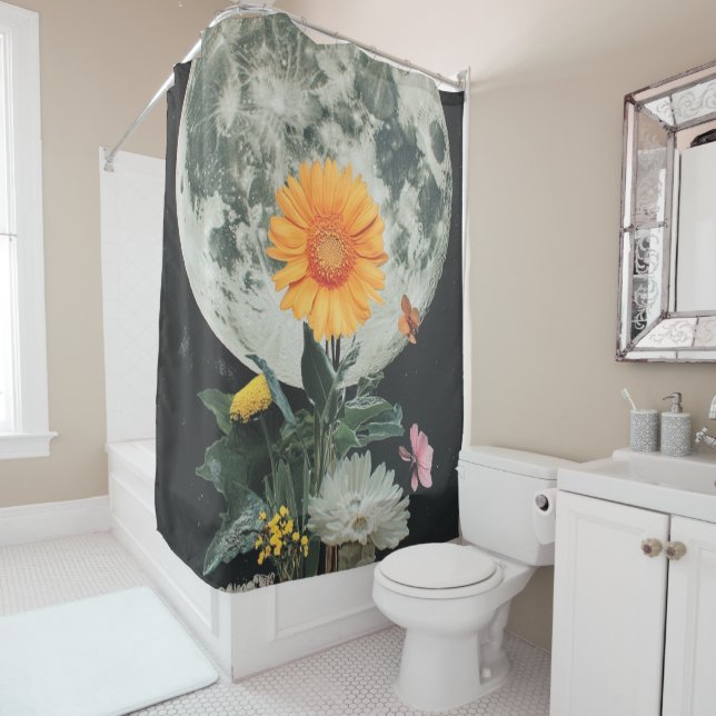 Moonlit Blooms Over Rustic Charm (2) Shower Curtain (In Situ)
