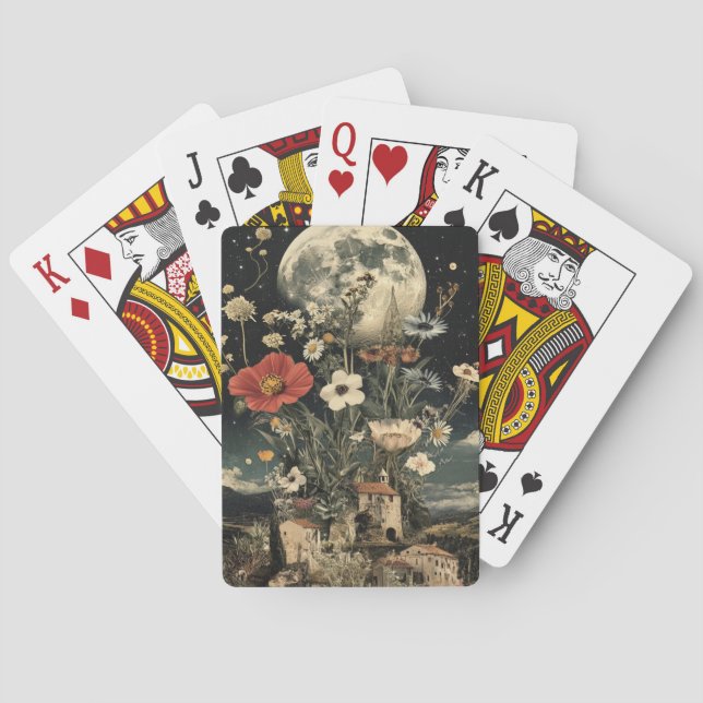 Moonlit Blooms Over Rustic Charm Playing Cards (Back)