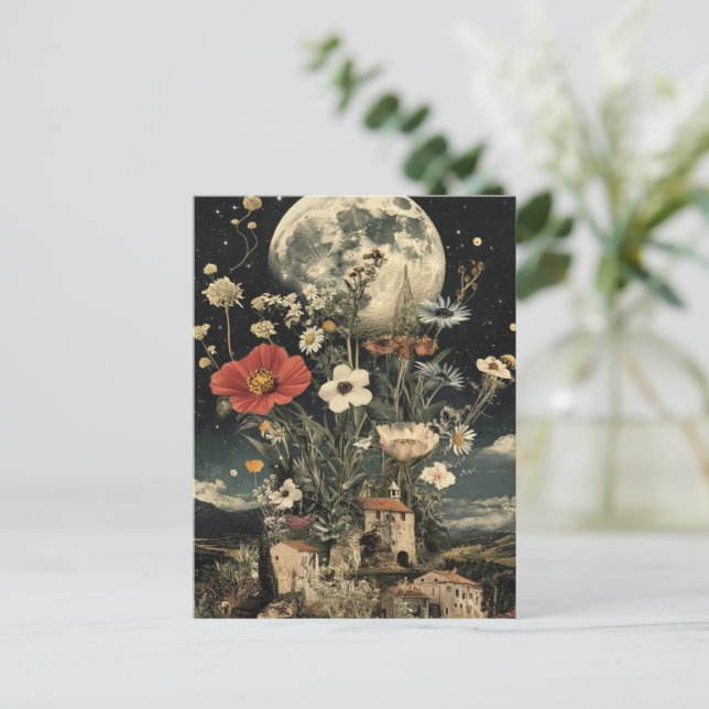 Moonlit Blooms Over Rustic Charm Postcard (Standing Front)