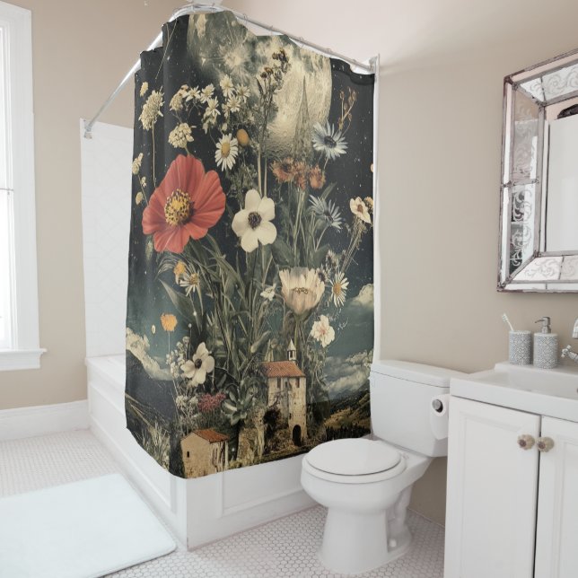 Moonlit Blooms Over Rustic Charm Shower Curtain (In Situ)