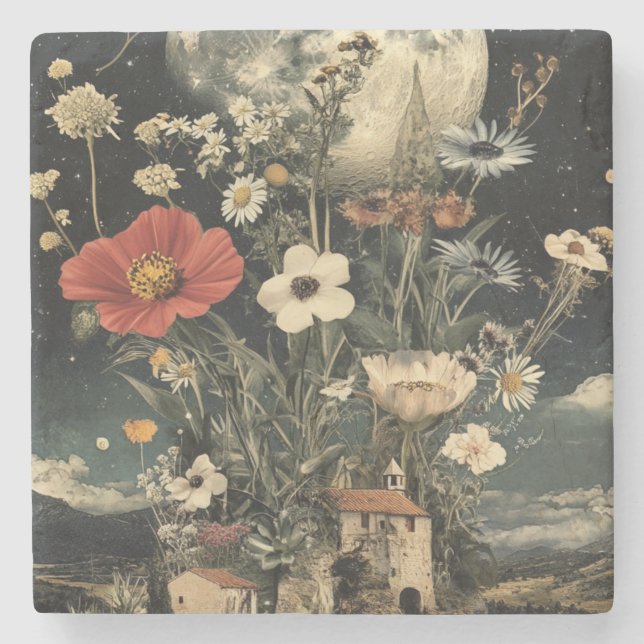 Moonlit Blooms Over Rustic Charm Stone Coaster (Front)
