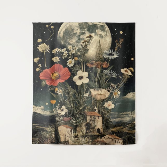 Moonlit Blooms Over Rustic Charm Tapestry (Front)