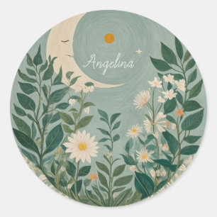 Moonlit Blooms: Pastel Floral and Crescent Moon Classic Round Sticker