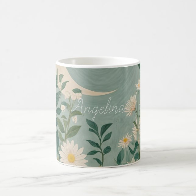Moonlit Blooms: Pastel Floral and Crescent Moon Coffee Mug (Center)
