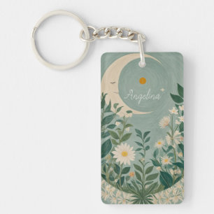 Moonlit Blooms: Pastel Floral and Crescent Moon Key Ring