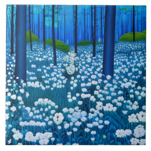 Moonlit Blue Forest Wildflower Meadow Ceramic Tile