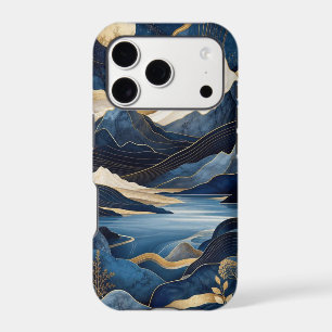 Moonlit Blue & Gold Mountain Lake Landscape Art