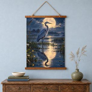 Moonlit Blue Heron Wetland Fireflies Night Scene Hanging Tapestry