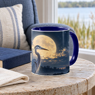 Moonlit Blue Heron Wetland Fireflies Night Scene Mug