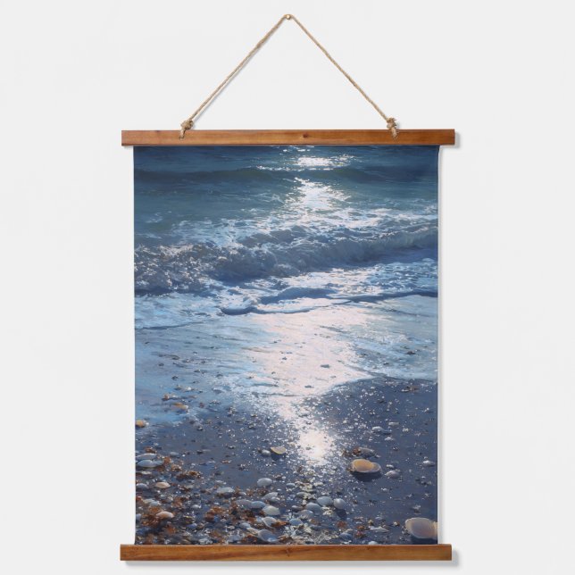 Moonlit Blue Ocean Wave Reflection Art Hanging Tapestry (Front)