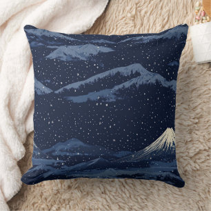 Moonlit Blue Snow Mountains Celestial Pattern Cushion