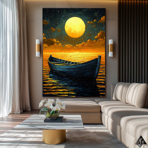Moonlit Boat Journey – Naïf Dreamy Night Art Poster