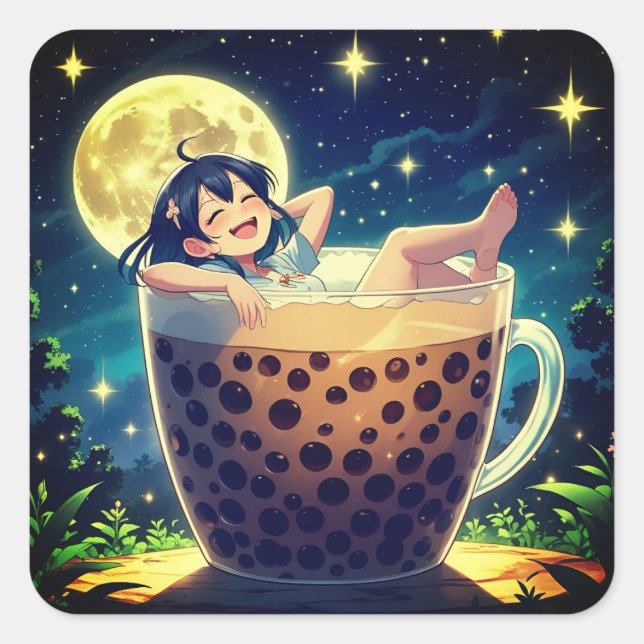 Moonlit Boba Dreams Square Sticker (Front)