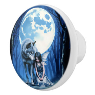 Moonlit Bond – The Wolf and the Gothic Fairy. Ceramic Knob