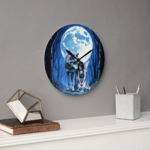Moonlit Bond – The Wolf and the Gothic Fairy. Large Clock