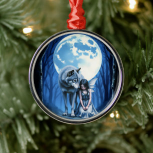 Moonlit Bond – The Wolf and the Gothic Fairy.   Metal Ornament
