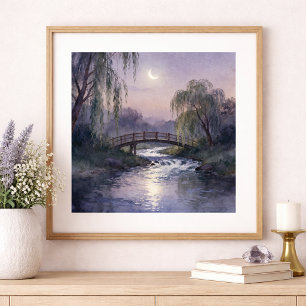 Moonlit Bridge Watercolor Poster