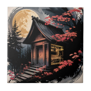 Moonlit Cabin Japanese Forest Art (10) Ceramic Tile