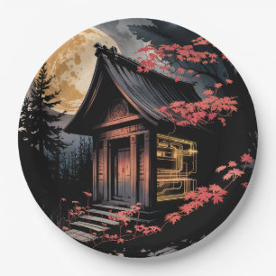 Moonlit Cabin Japanese Forest Art (10) Paper Plate