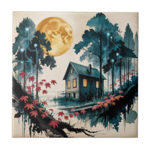 Moonlit Cabin Japanese Forest Art (1) Ceramic Tile