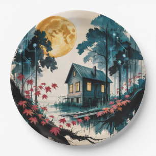 Moonlit Cabin Japanese Forest Art (1) Paper Plate