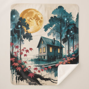 Moonlit Cabin Japanese Forest Art (1) Sherpa Blanket