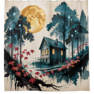 Moonlit Cabin Japanese Forest Art (1) Shower Curtain