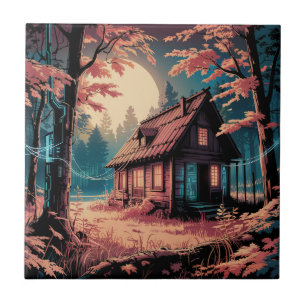 Moonlit Cabin Japanese Forest Art (2) Ceramic Tile