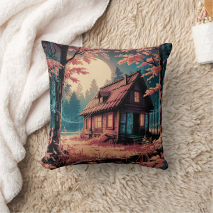 Moonlit Cabin Japanese Forest Art (2) Cushion