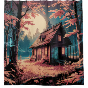 Moonlit Cabin Japanese Forest Art (2) Shower Curtain
