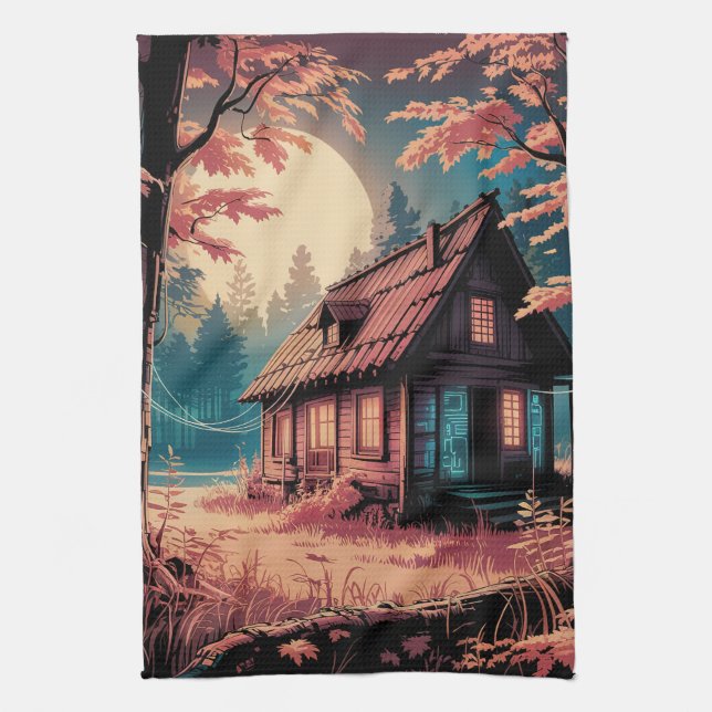 Moonlit Cabin Japanese Forest Art (2) Tea Towel (Vertical)