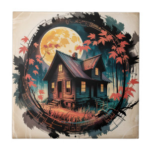 Moonlit Cabin Japanese Forest Art (3) Ceramic Tile