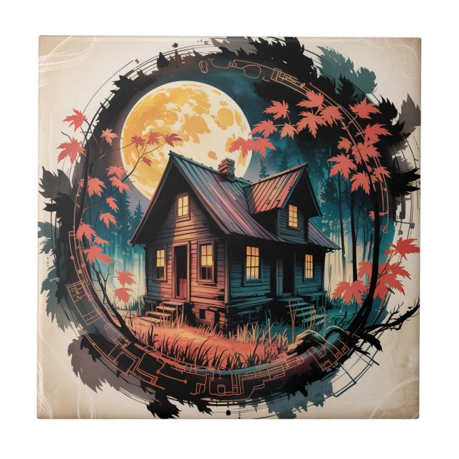 Moonlit Cabin Japanese Forest Art (3) Ceramic Tile (Front)
