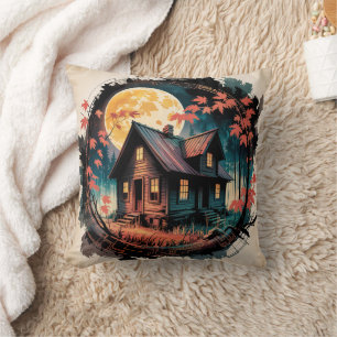 Moonlit Cabin Japanese Forest Art (3) Cushion